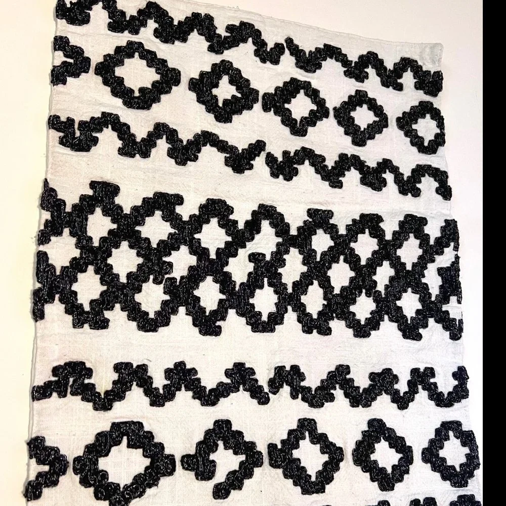 Pier 1 Imports-2 Table Mats-White Cotton with Black Shiny Black Zig Zag on Front